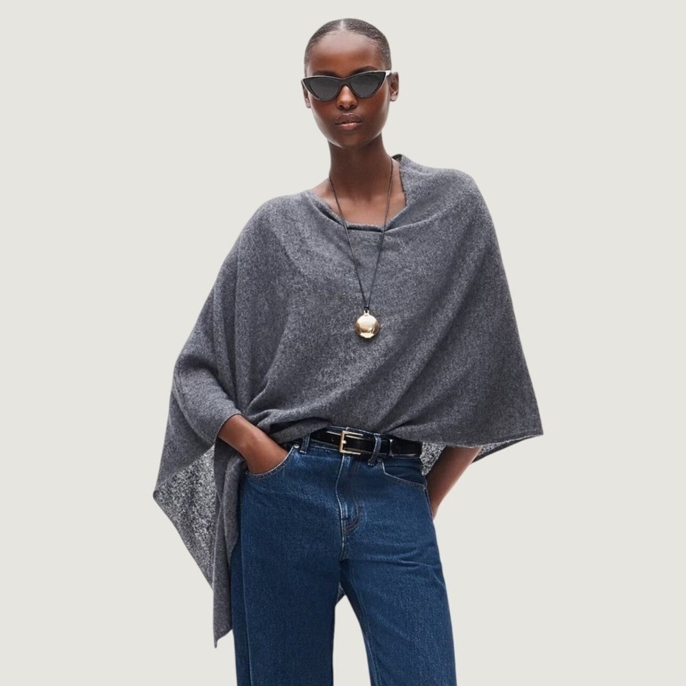 $178 J.Crew Womens Poncho OS Heather Charcoal Cashmere Wool Blend Asymmetrical